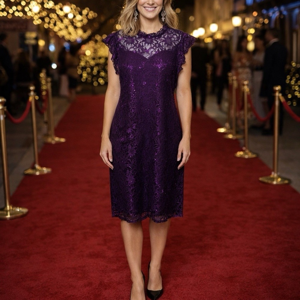 NEW Alexa B Nites Purple Sequin Lace Overlay Midi Dress Evening Event 20W